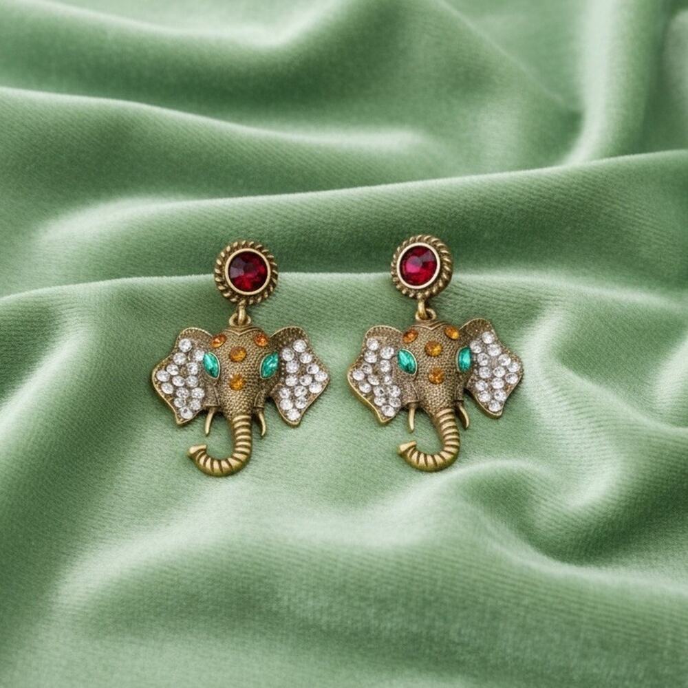 Antique Elephant Earrings Gold Boho VTG CZ Art Nouevau Palace Tudor Court Boho